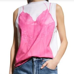 Victoria Beckham Cotton White/Pink Lingerie Lace-Print Sleeveless Tank Size M